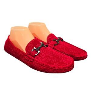 Royal Shoes Red Velvet Paisley Engraved Design Horsebit Detail Buckle Loafers